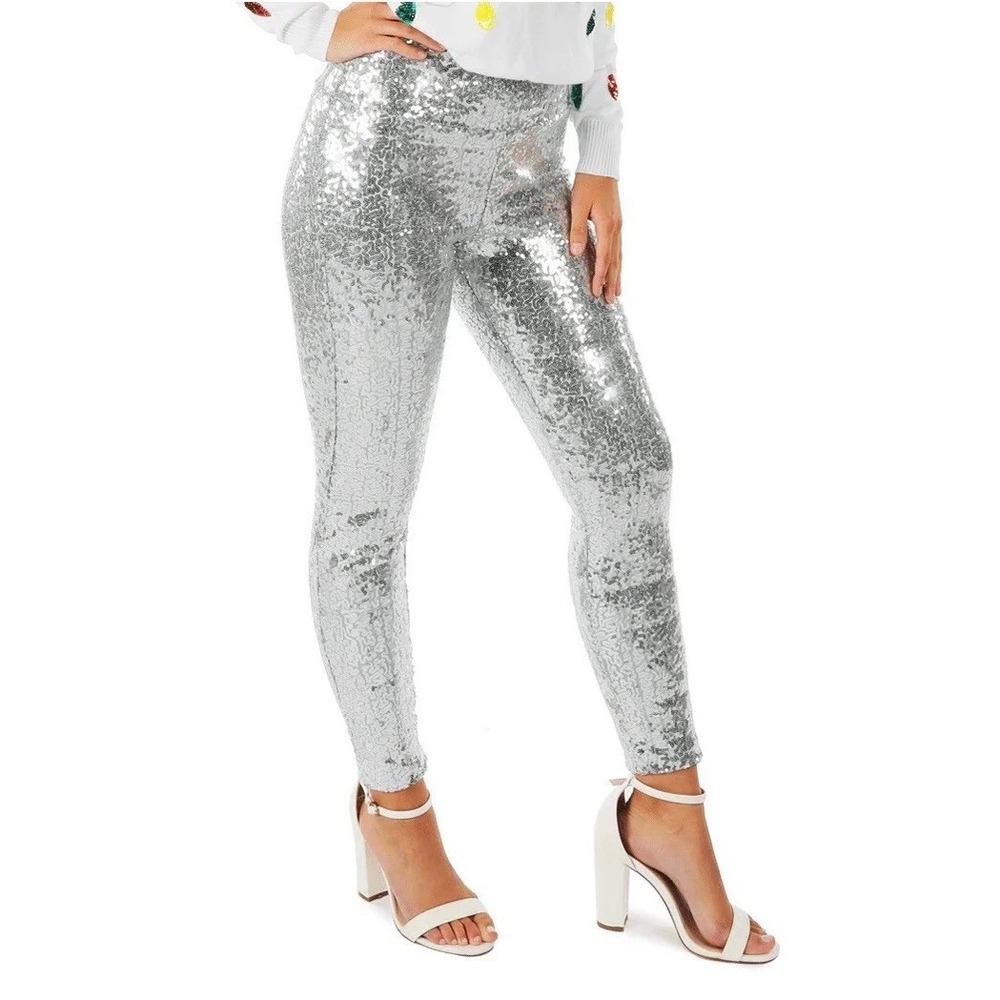 TIPSY ELVES SILVER SEQUIN HIGH WAIST LEGGINGS - Women's Size Small -LINED - NEW‎
